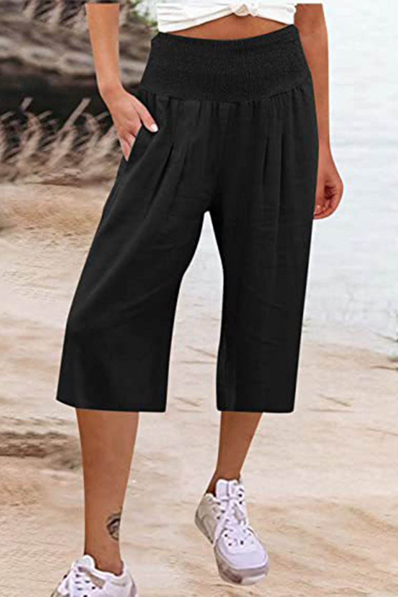 Casual Simplicity Solid Pocket Loose High Waist Wide Leg Solid Color Bottoms Black