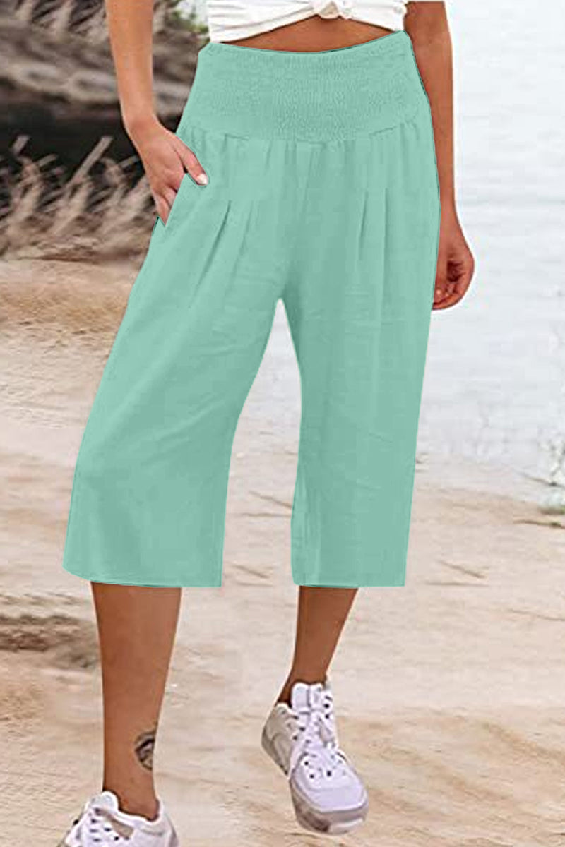 Casual Simplicity Solid Pocket Loose High Waist Wide Leg Solid Color Bottoms Light Green