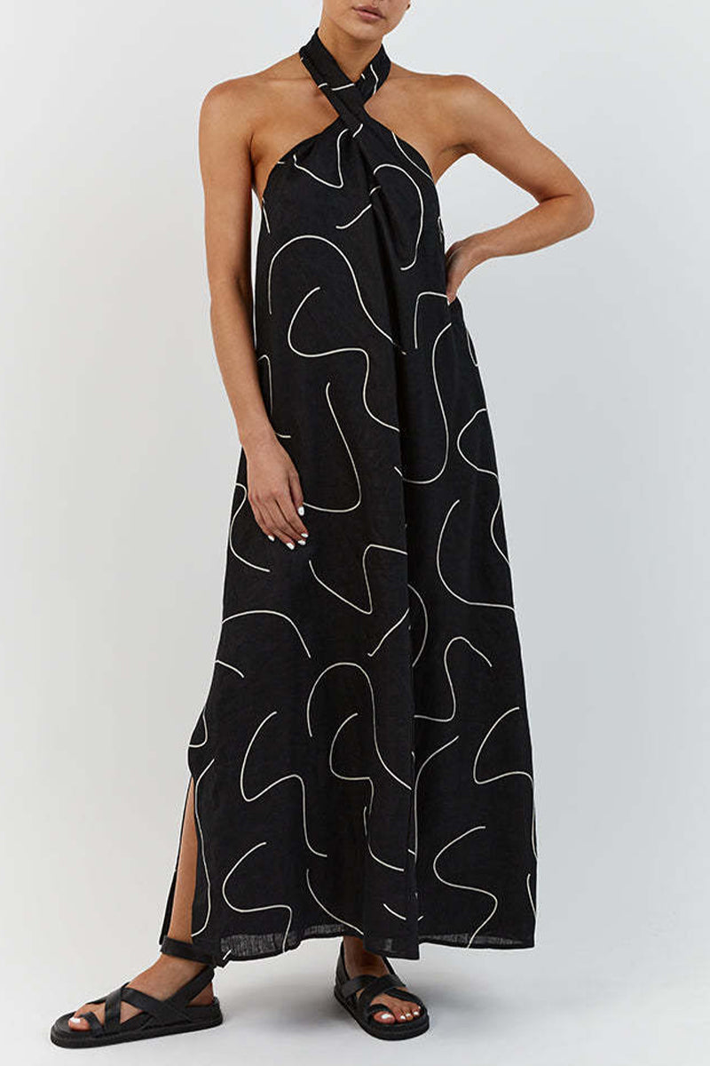 Casual Geometric Print Frenulum Halter Sleeveless Dress Dresses