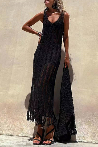 Sexy Solid Tassel Hollowed Out V Neck Sling Dress Dresses Black