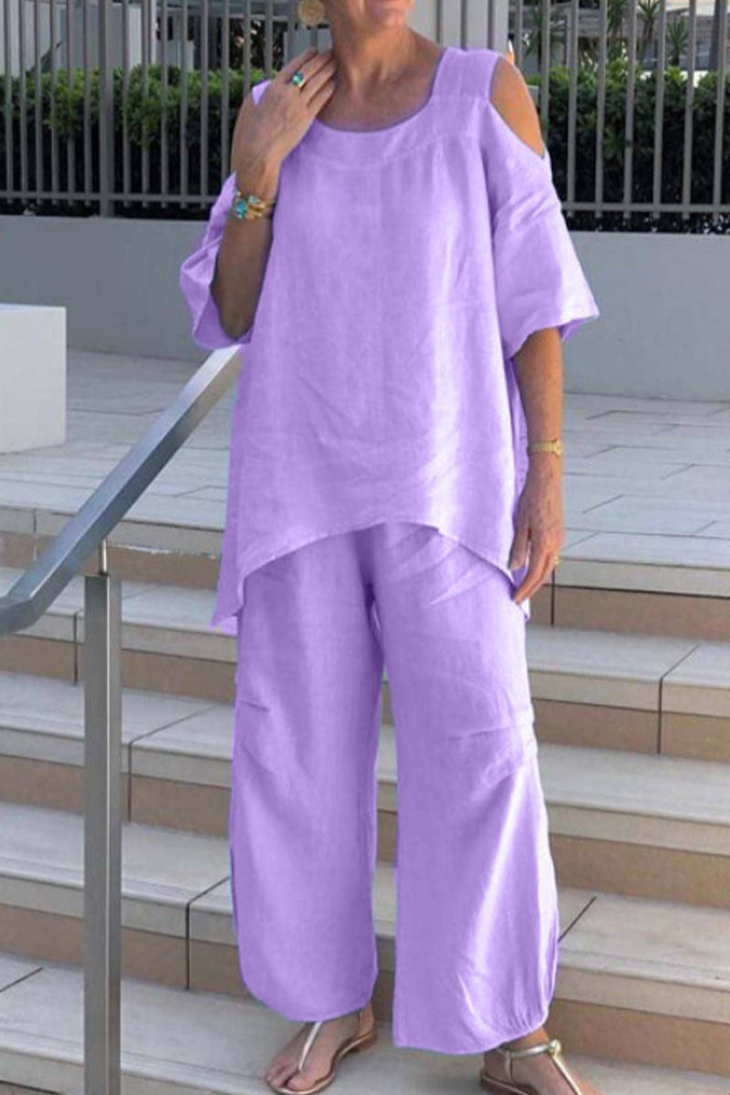 Casual Solid Asymmetrical O Neck Half Sleeve Two Pieces Purple