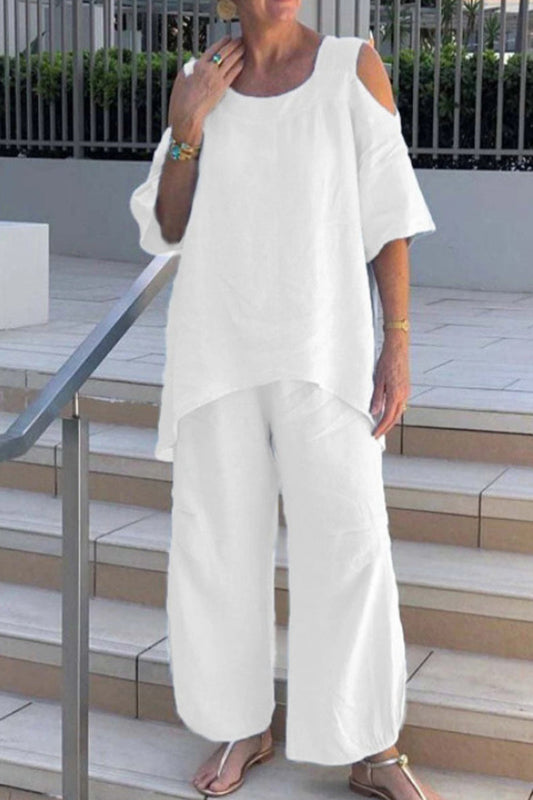 Casual Solid Asymmetrical O Neck Half Sleeve Two Pieces White