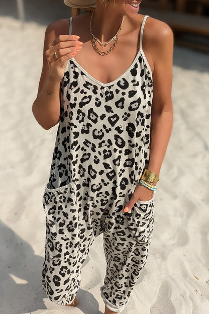 Casual Leopard Pocket Printing V Neck Loose Jumpsuits