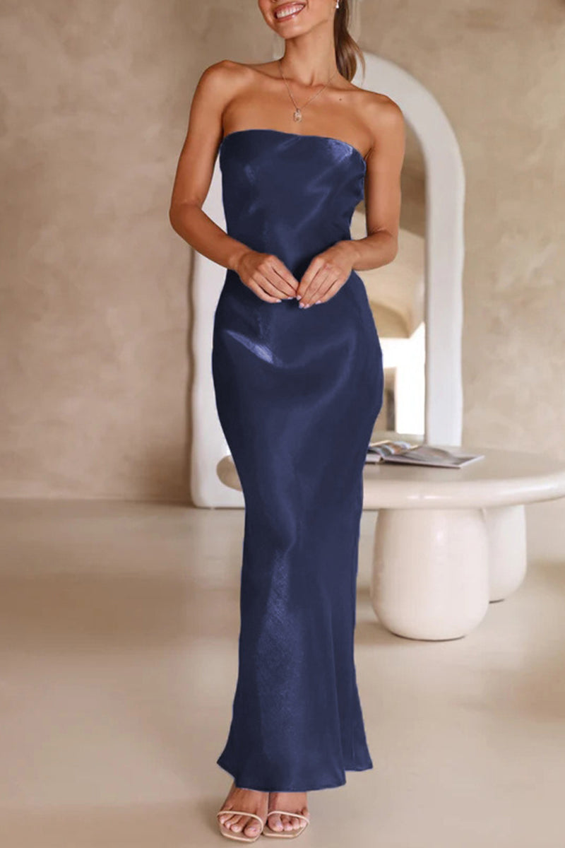 Celebrities Formal Solid Bright Silk Strapless Evening Dress Dresses(5 Colors) Navy Blue