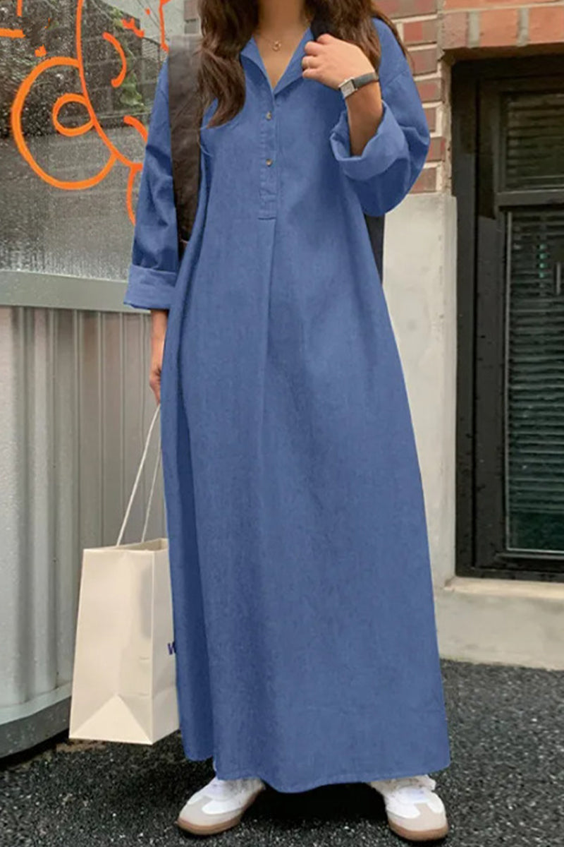 Casual Solid Pocket POLO collar Irregular Dress Dresses Sky Blue