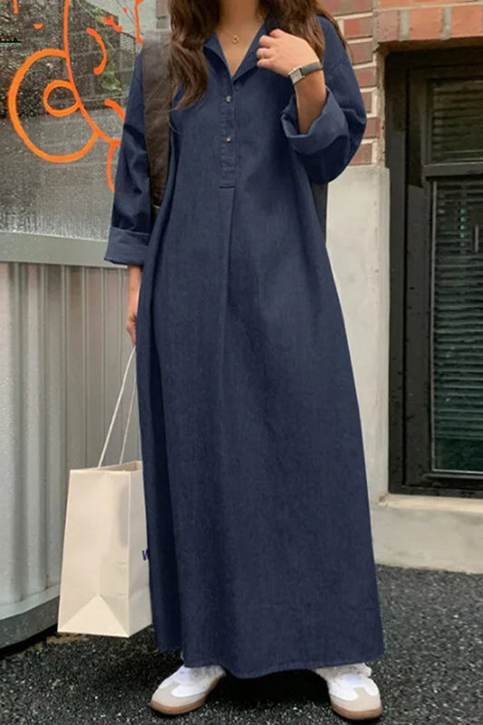 Casual Solid Pocket POLO collar Irregular Dress Dresses Navy Blue