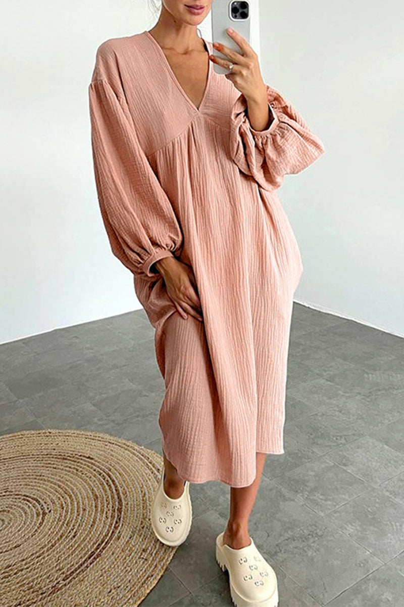 Casual Living Solid Pocket V Neck Long Sleeve Dresses Pink