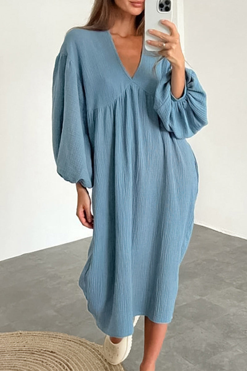 Casual Living Solid Pocket V Neck Long Sleeve Dresses Blue