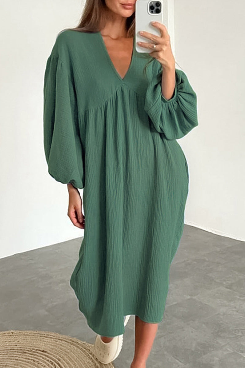 Casual Living Solid Pocket V Neck Long Sleeve Dresses Green