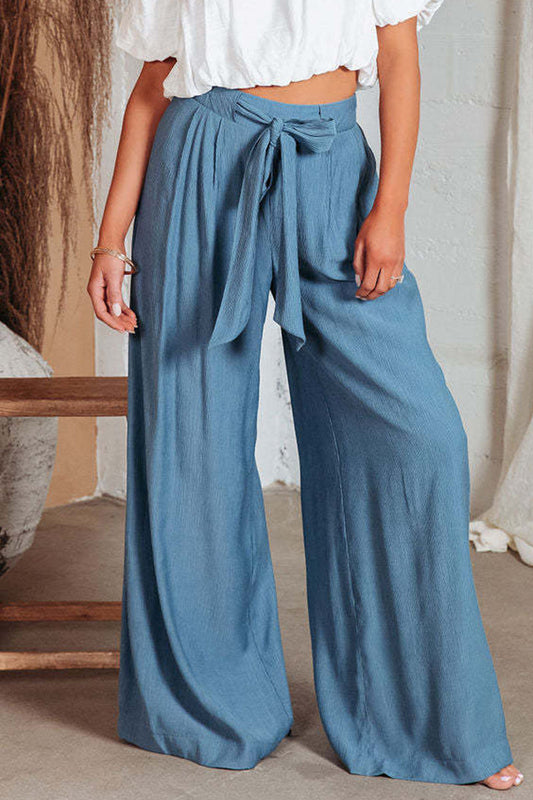 Casual Solid Pocket Frenulum Loose High Waist Wide Leg Solid Color Bottoms Blue