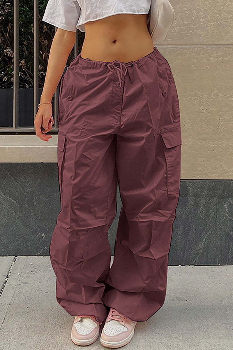 Casual Street Solid Pocket Loose High Waist Straight Solid Color Bottoms Burgundy