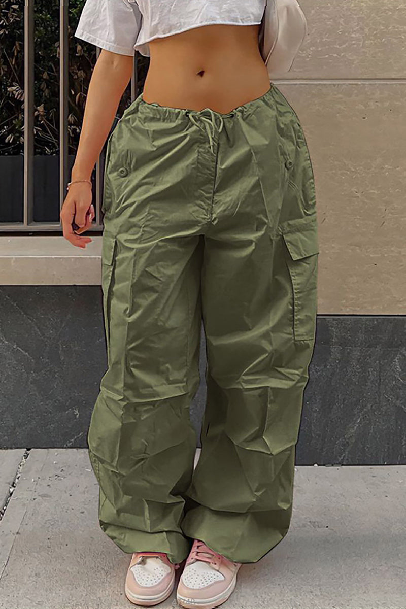 Casual Street Solid Pocket Loose High Waist Straight Solid Color Bottoms Army Green