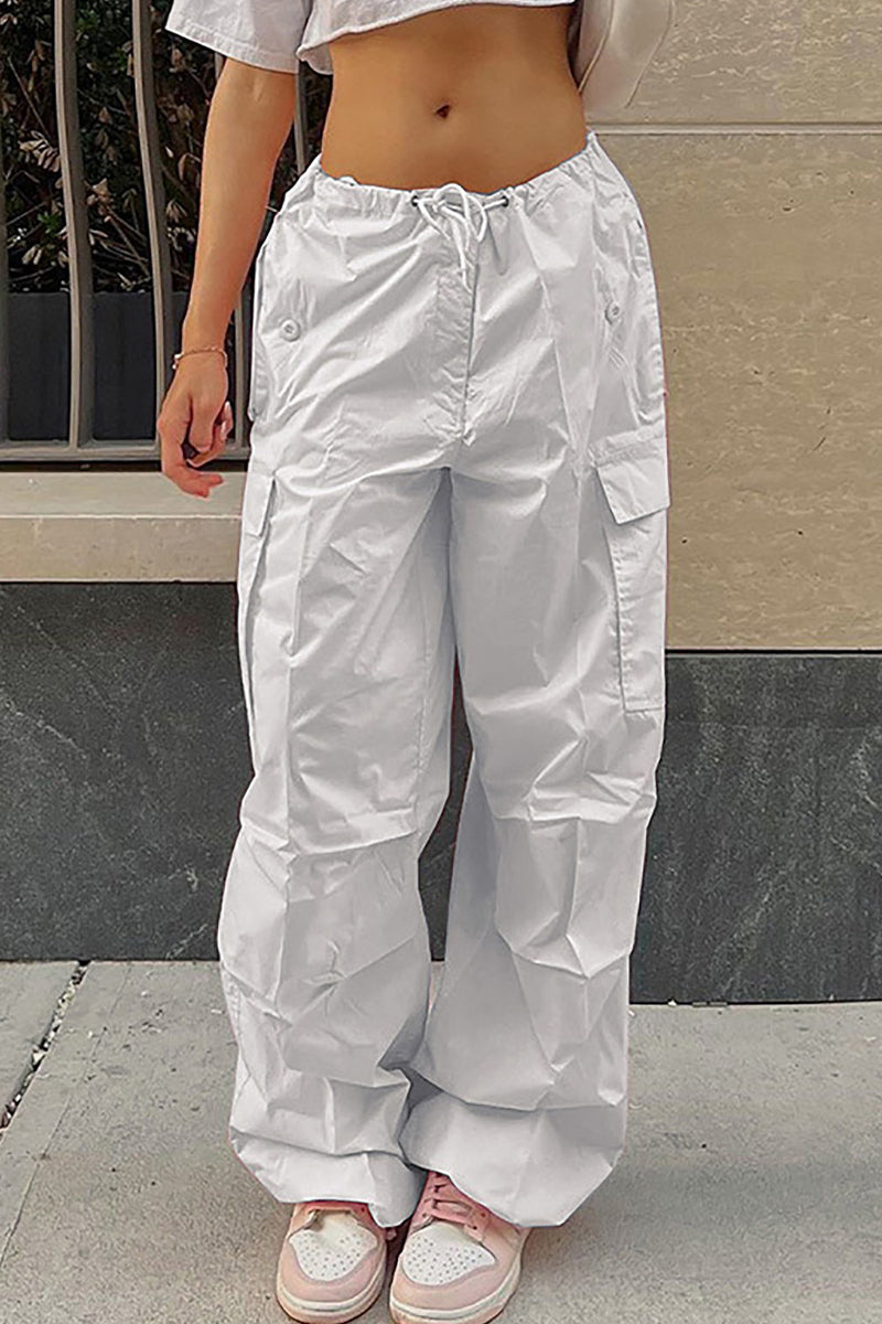 Casual Street Solid Pocket Loose High Waist Straight Solid Color Bottoms White