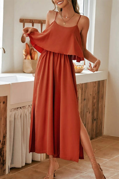 Sweet Elegant Solid Flounce U Neck Straight Jumpsuits Brick Red