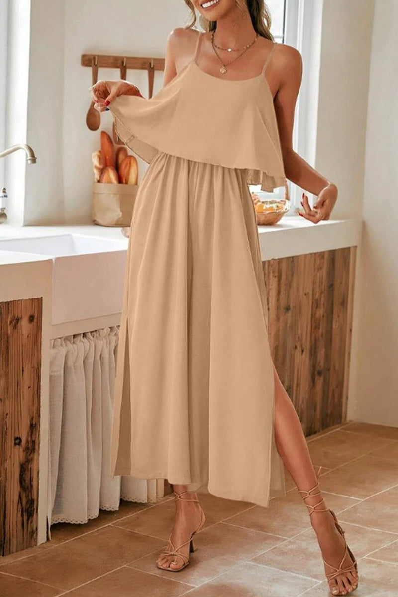 Sweet Elegant Solid Flounce U Neck Straight Jumpsuits Apricot