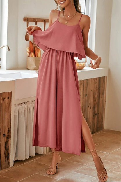 Sweet Elegant Solid Flounce U Neck Straight Jumpsuits Deep Pink