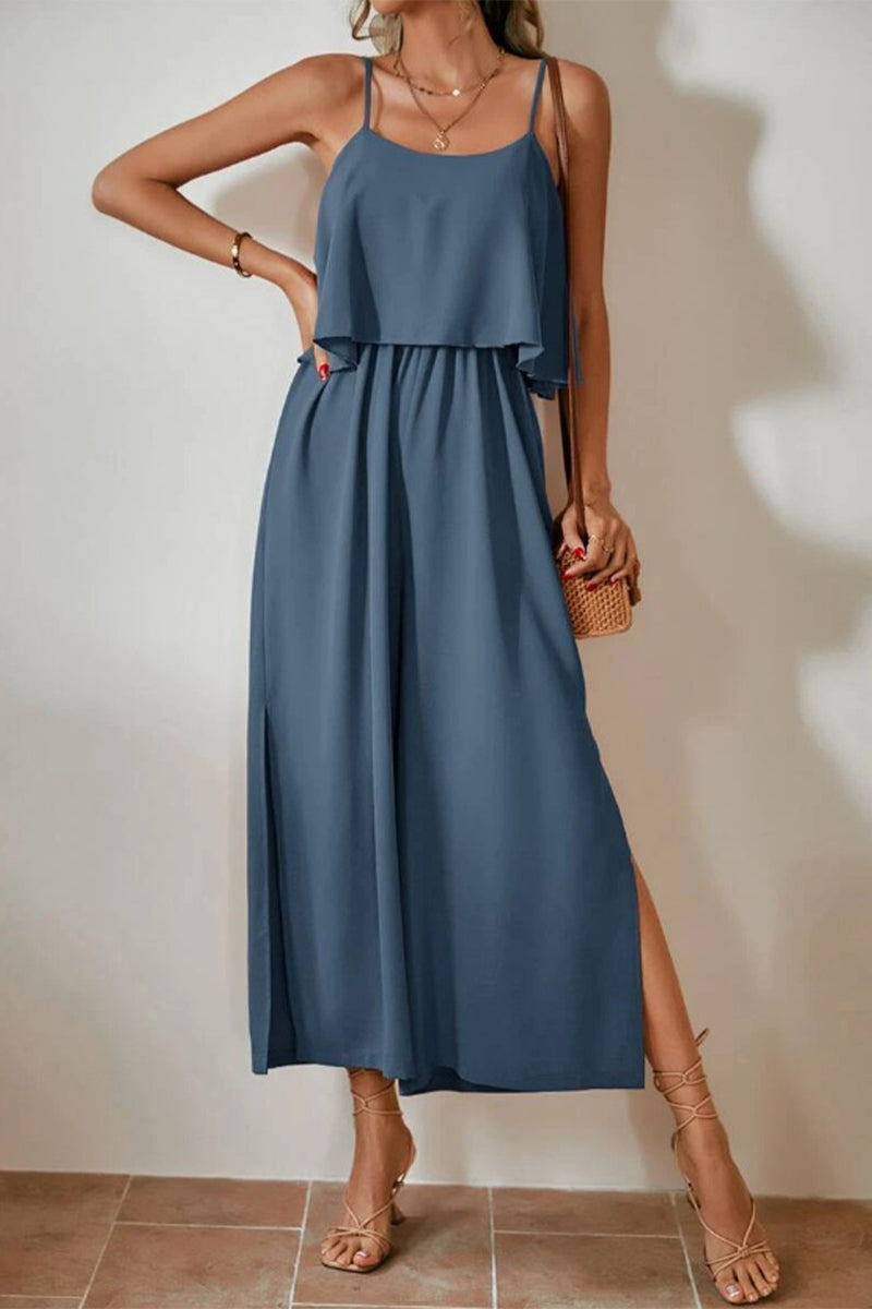 Sweet Elegant Solid Flounce U Neck Straight Jumpsuits Navy