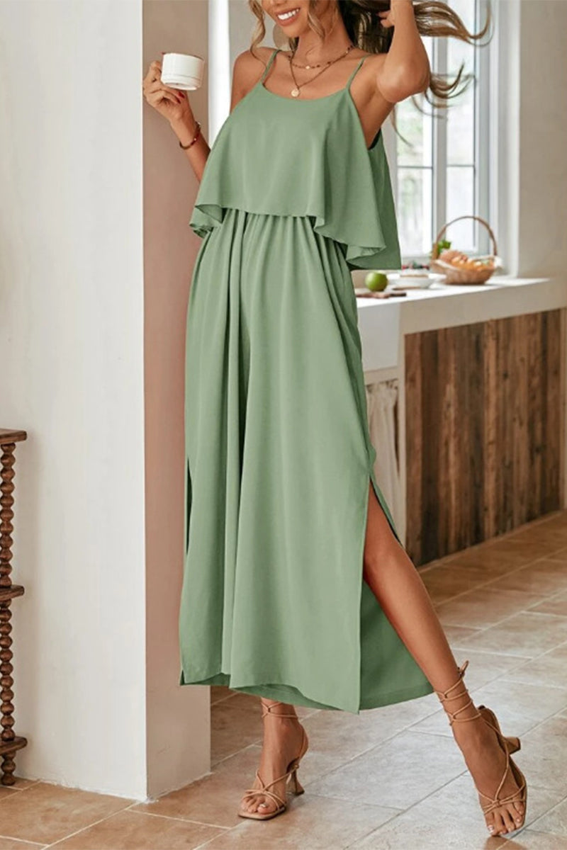 Sweet Elegant Solid Flounce U Neck Straight Jumpsuits