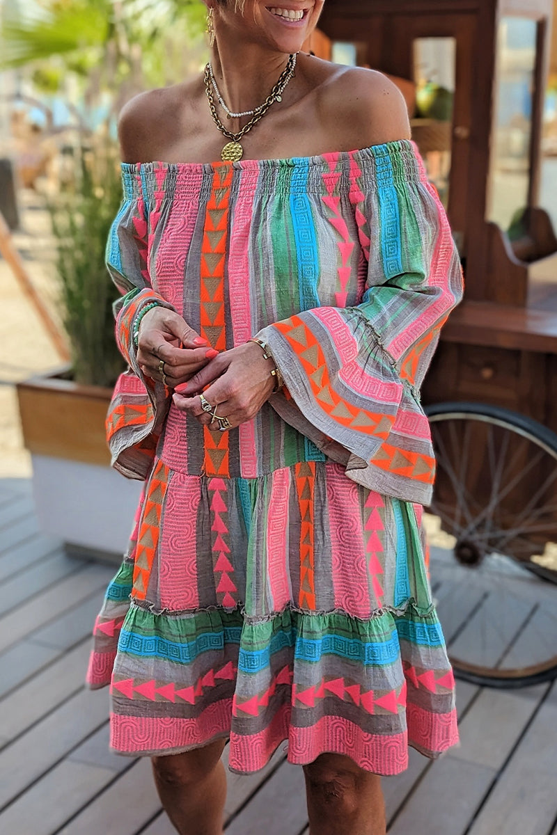 Casual Vacation Color Block Contrast Off the Shoulder Dresses