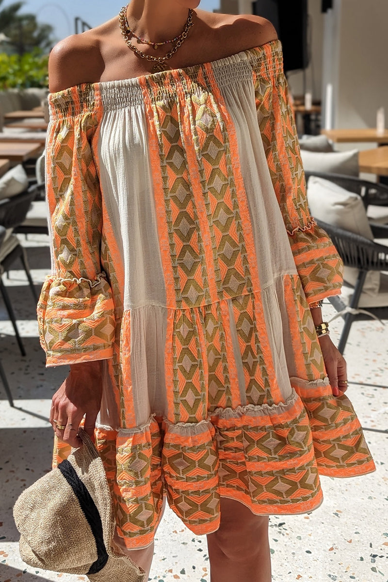 Casual Vacation Color Block Contrast Off the Shoulder Dresses Orange Apricot