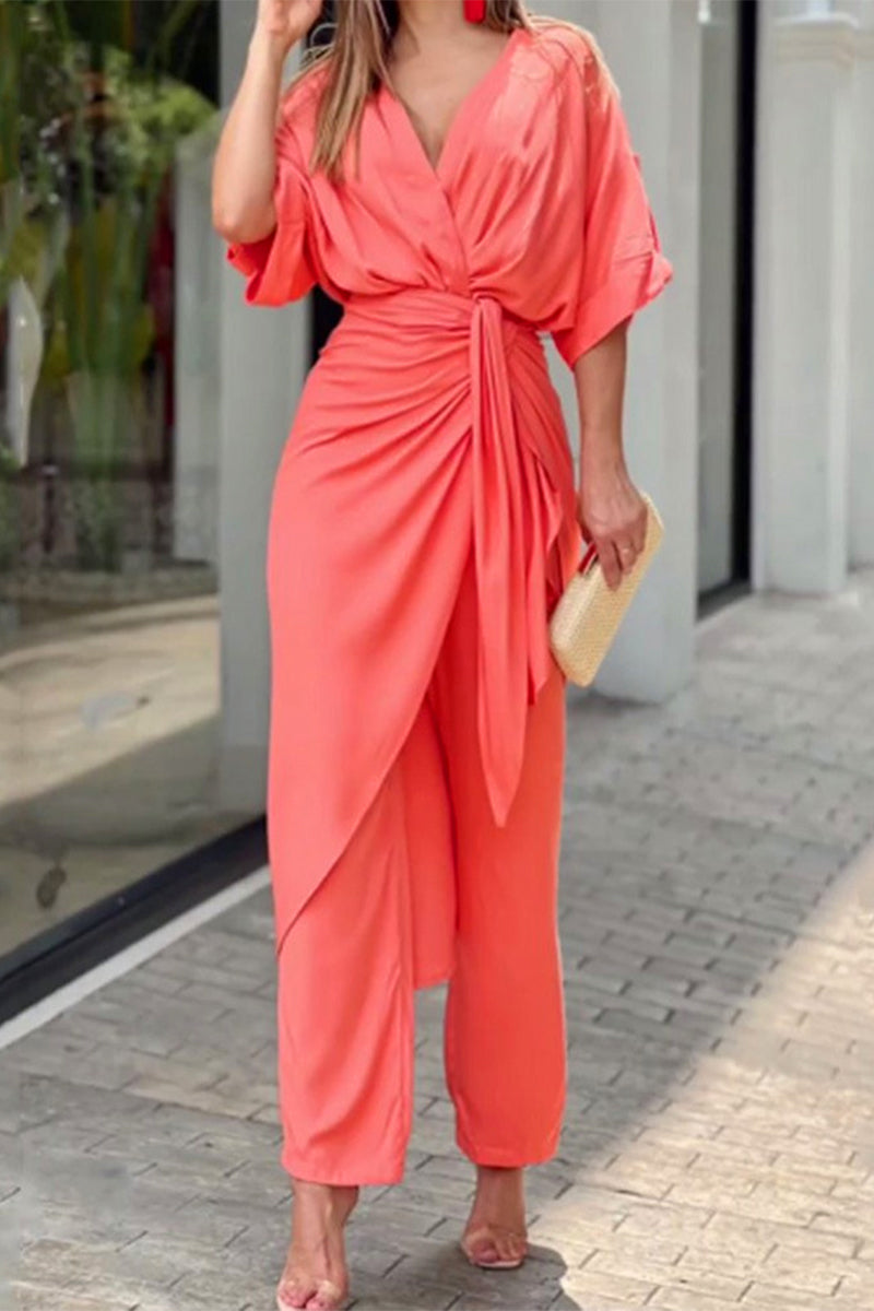 Casual Solid Frenulum V Neck Regular Jumpsuits(3 Colors) Red