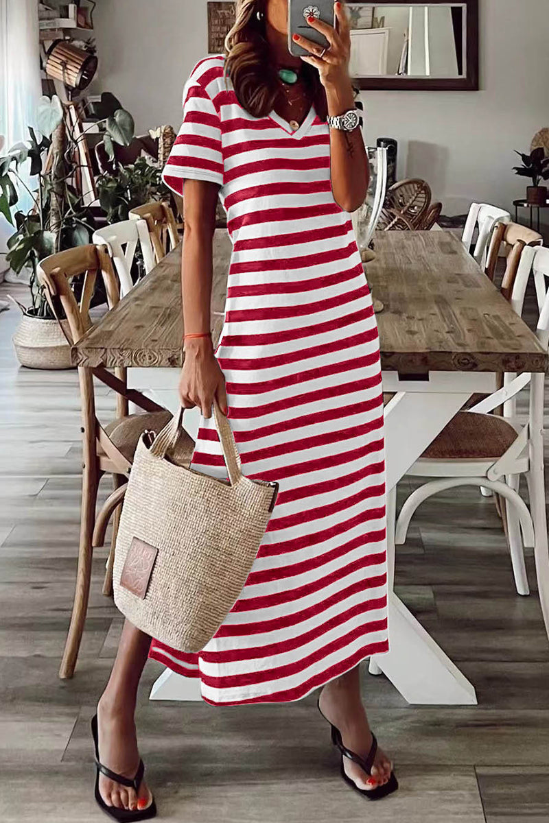 Casual Striped Patchwork V Neck A Line Short Sleeve Dress(5 Colors)