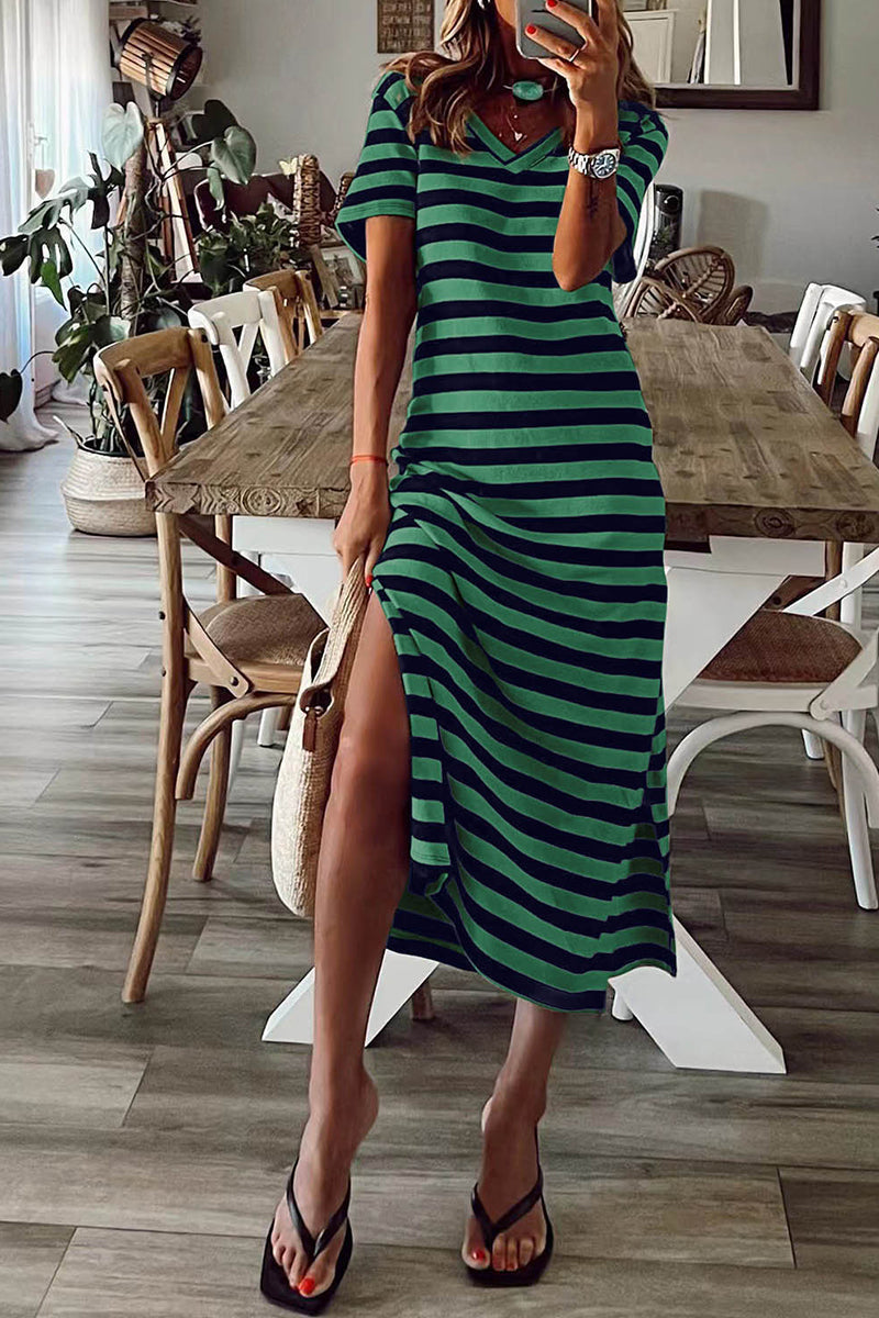 Casual Striped Patchwork V Neck A Line Short Sleeve Dress(5 Colors) Green Black