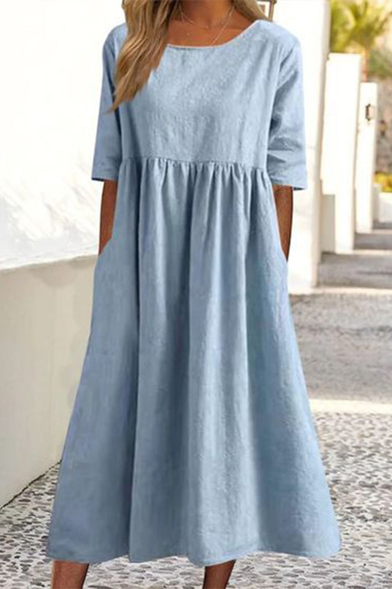 Women's Casual Solid Half Sleeve Pleated Pocket Cotton Dress(9 Colors) Light Blue