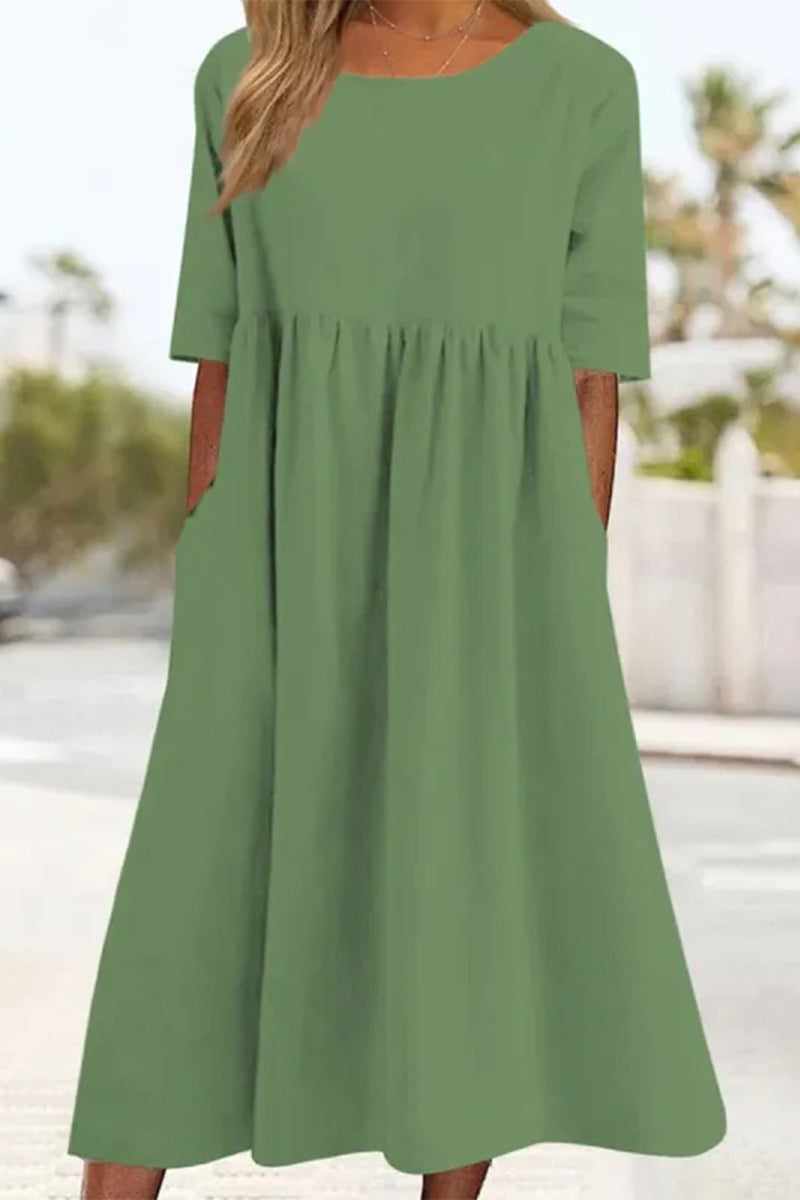 Women's Casual Solid Half Sleeve Pleated Pocket Cotton Dress(9 Colors) Light Green