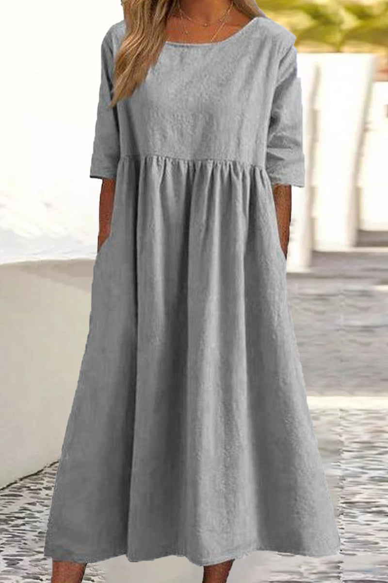 Women's Casual Solid Half Sleeve Pleated Pocket Cotton Dress(9 Colors) Light Gray