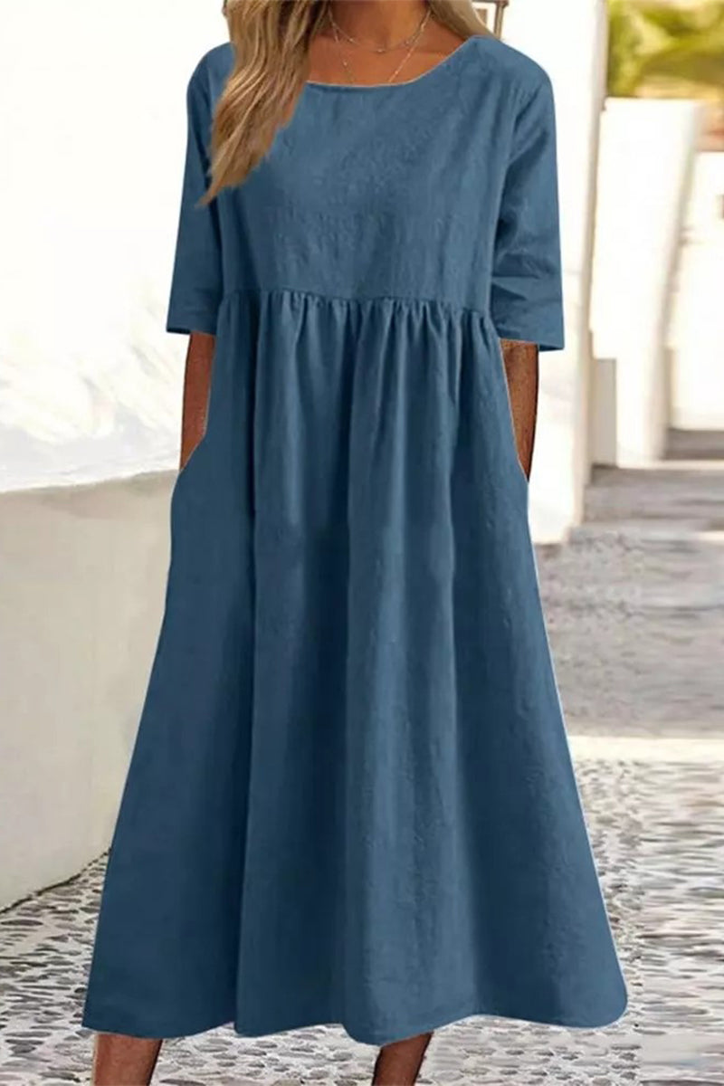 Women's Casual Solid Half Sleeve Pleated Pocket Cotton Dress(9 Colors) Peacock Blue