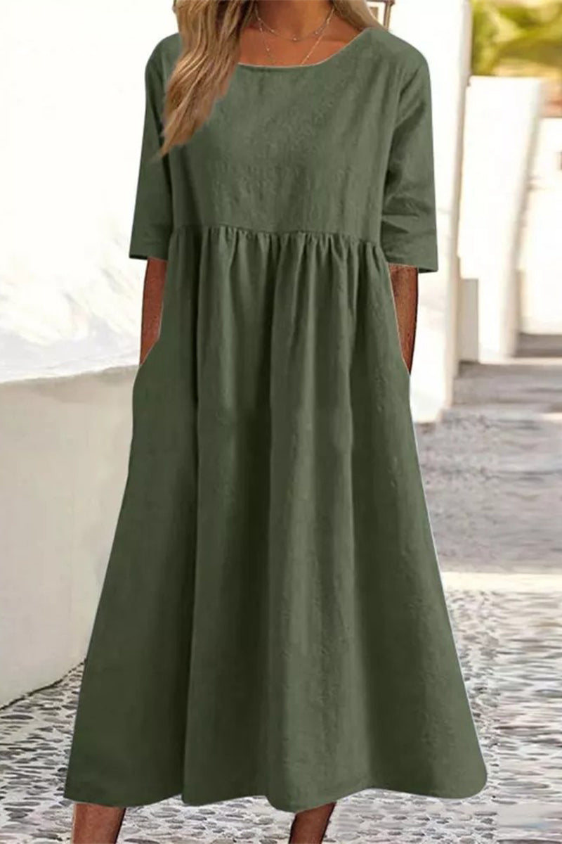 Women's Casual Solid Half Sleeve Pleated Pocket Cotton Dress(9 Colors) Army Green