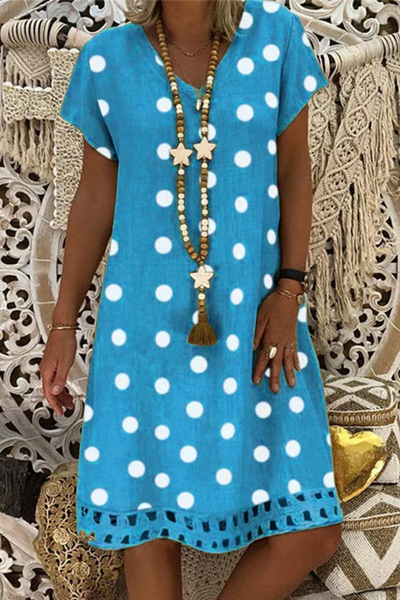 Women V-Neck Short Sleeve Hollow Polka Dot Summer Dress Blue