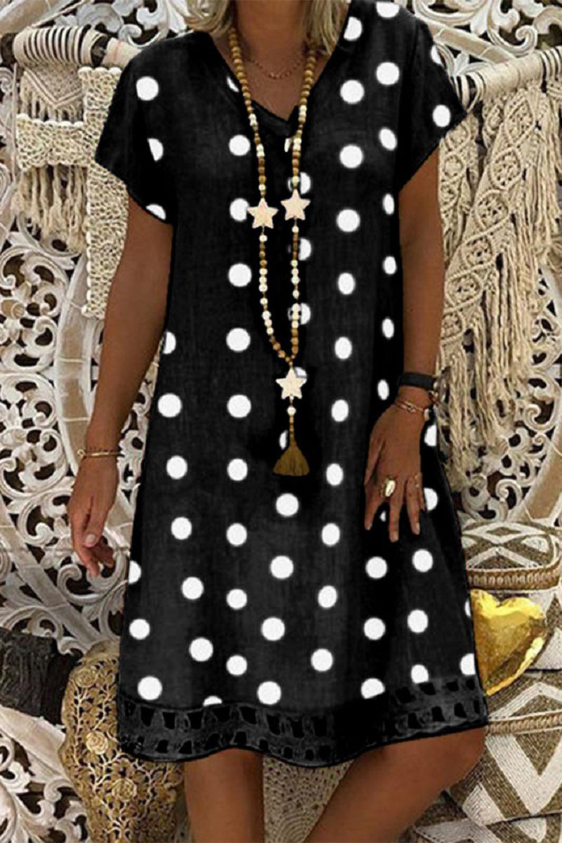 Women V-Neck Short Sleeve Hollow Polka Dot Summer Dress Black