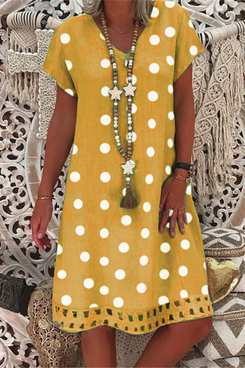 Women V-Neck Short Sleeve Hollow Polka Dot Summer Dress Yellow