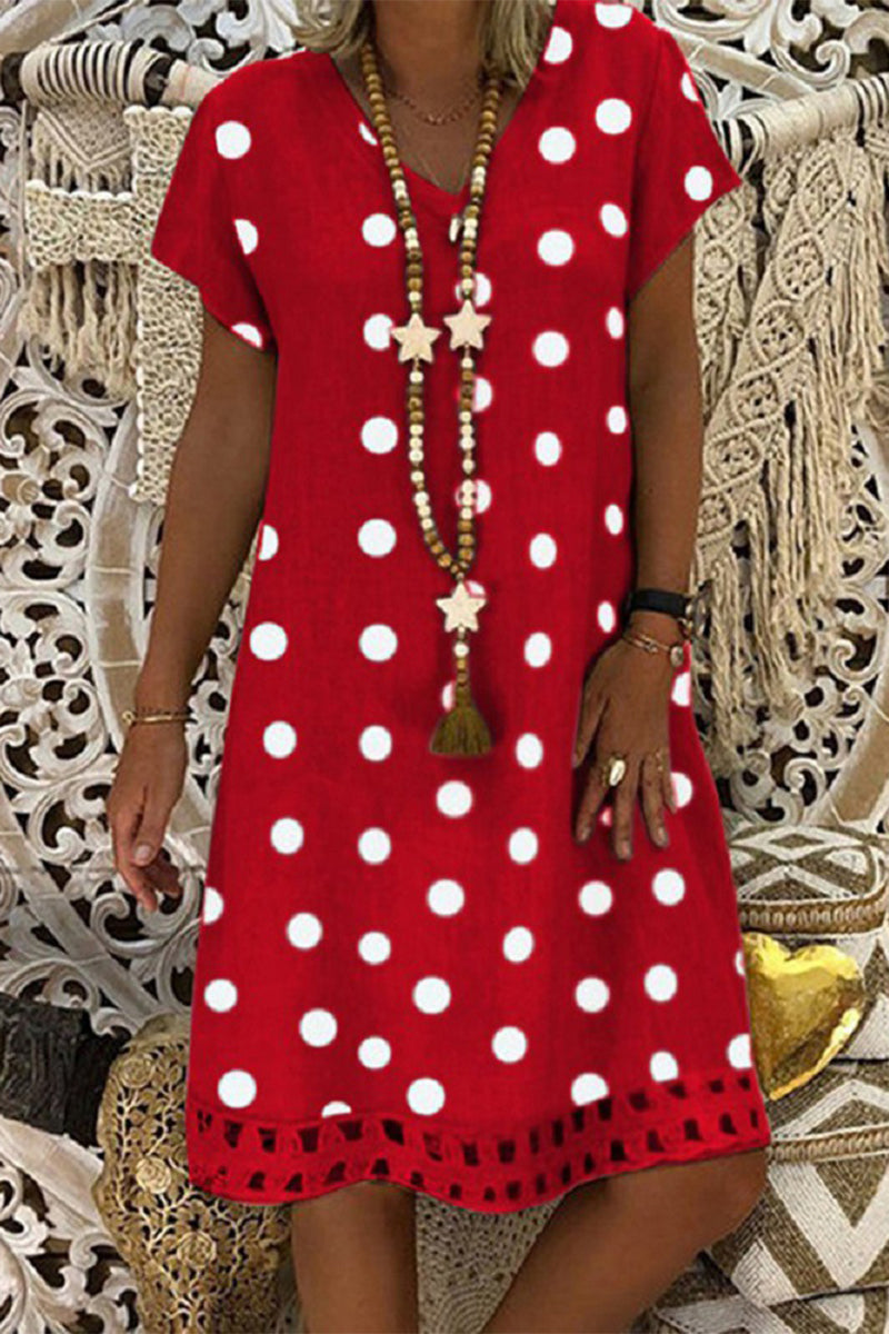 Women V-Neck Short Sleeve Hollow Polka Dot Summer Dress Red