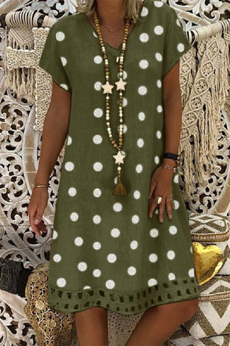 Women V-Neck Short Sleeve Hollow Polka Dot Summer Dress Green