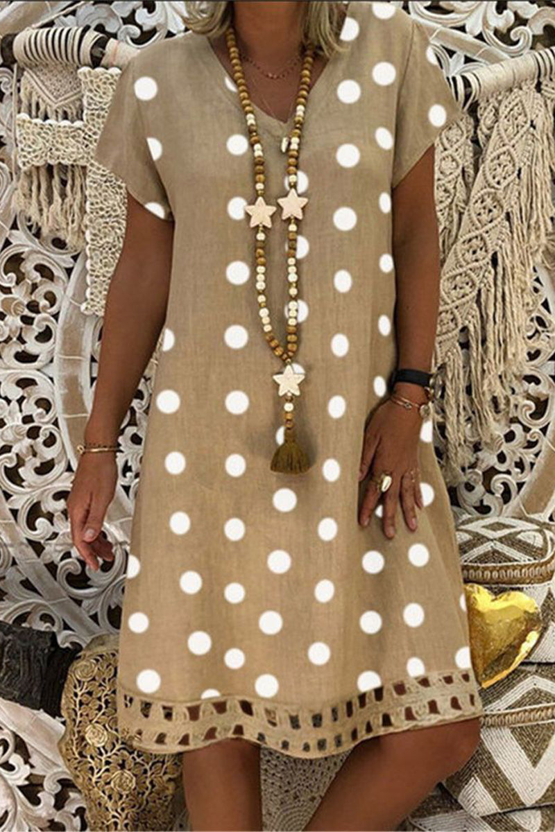 Women V-Neck Short Sleeve Hollow Polka Dot Summer Dress Khaki