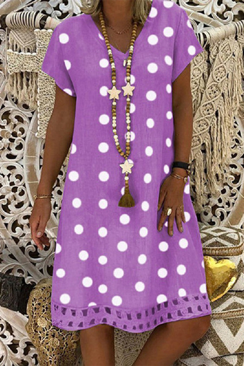 Women V-Neck Short Sleeve Hollow Polka Dot Summer Dress Purple