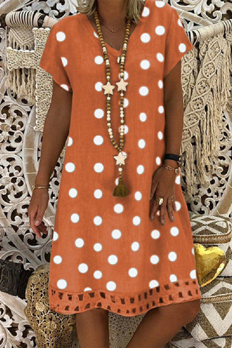 Women V-Neck Short Sleeve Hollow Polka Dot Summer Dress Orange