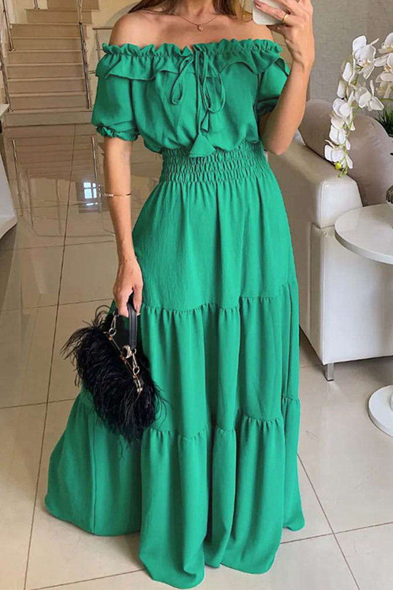 Casual Solid Patchwork Off the Shoulder Short Sleeve Dress Dresses Green