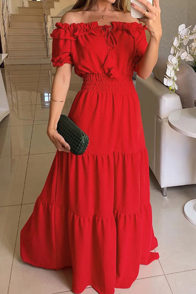 Casual Solid Patchwork Off the Shoulder Short Sleeve Dress Dresses Red