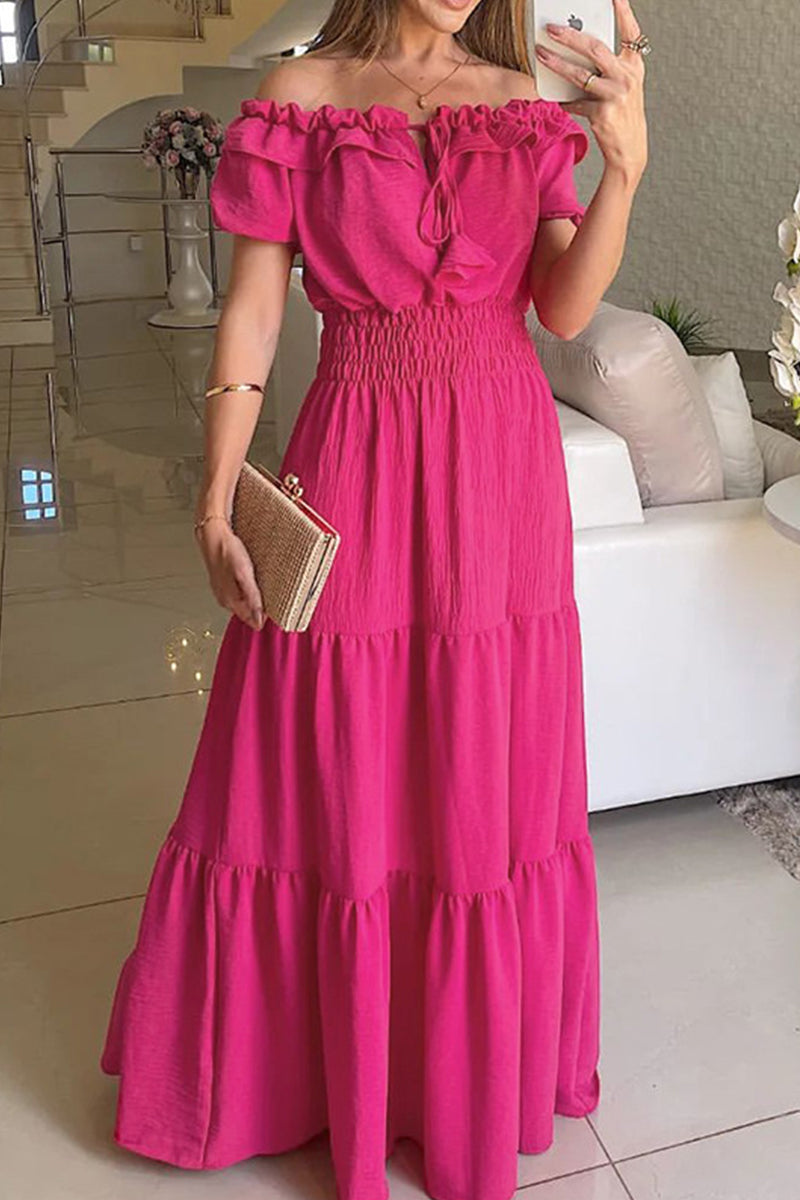 Casual Solid Patchwork Off the Shoulder Short Sleeve Dress Dresses Rose Red