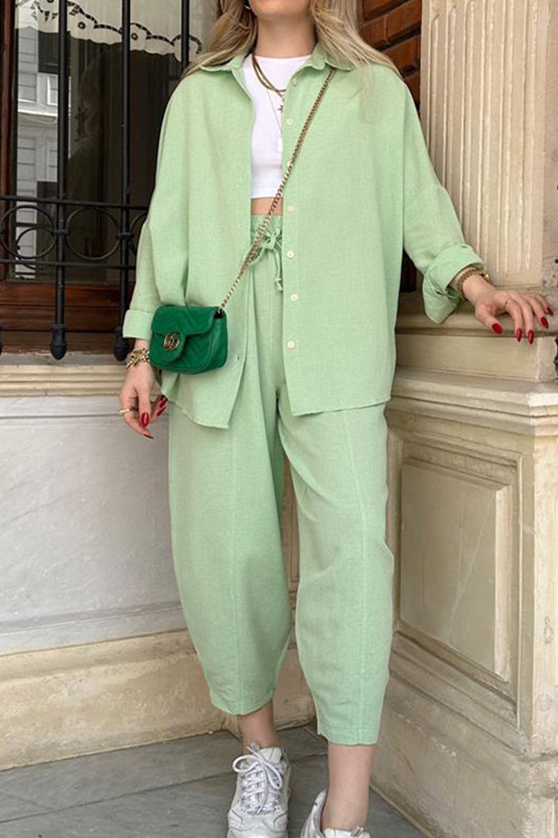 Casual Solid Frenulum Turndown Collar Long Sleeve Two Pieces Light Green