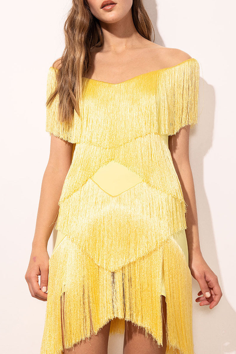 Sexy Party Solid Tassel V Neck A Line Dresses Yellow