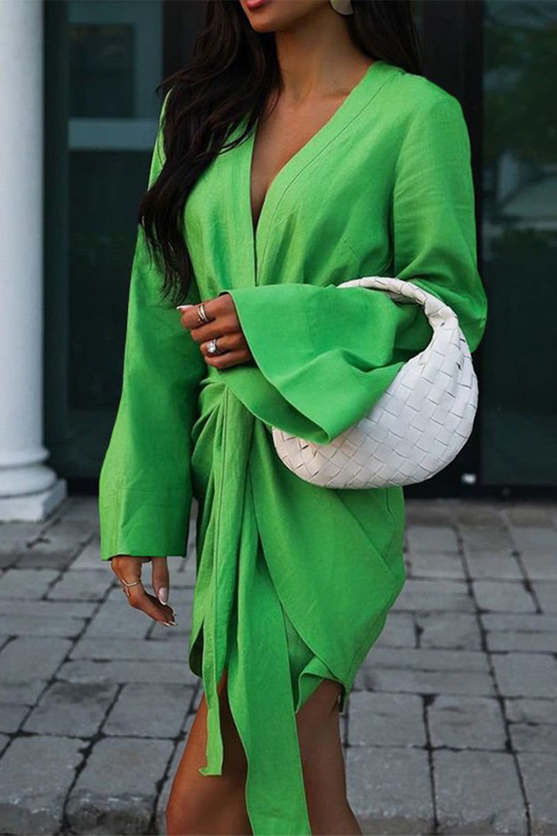 Casual Solid Bandage V Neck A Line Dresses Green