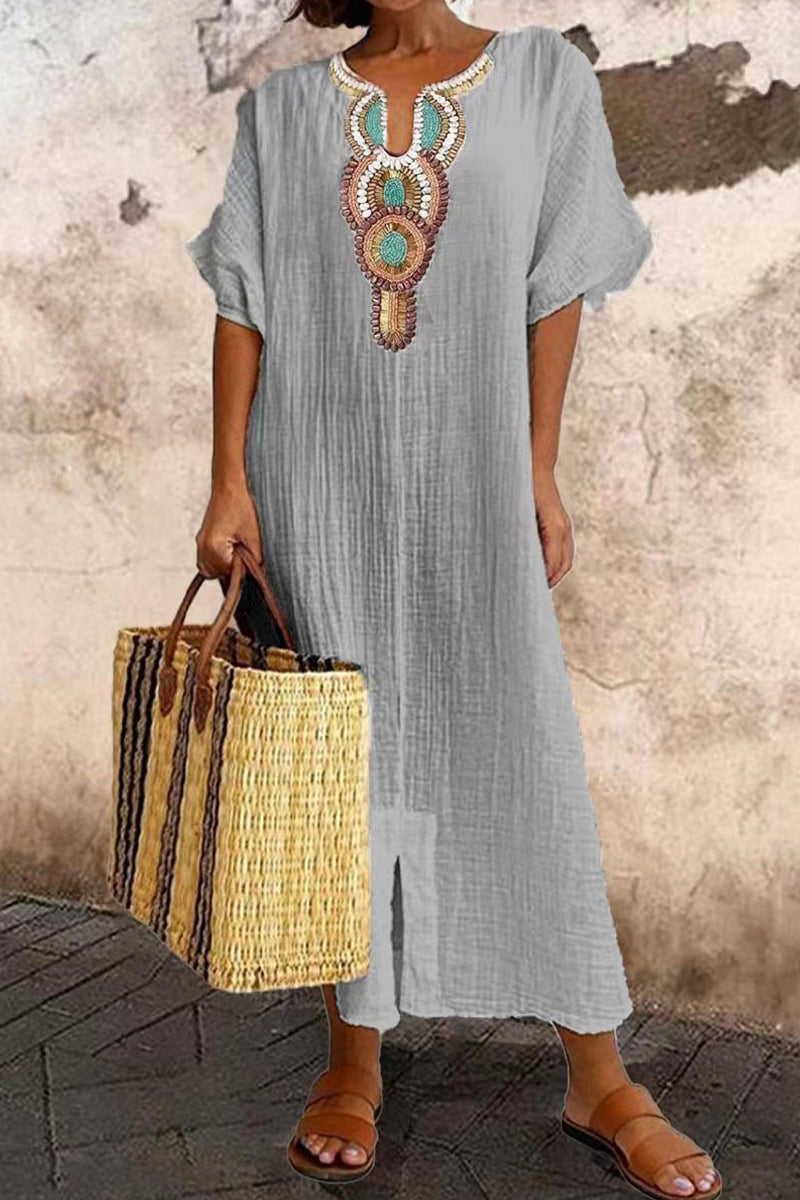 Casual Print Patchwork U Neck Short Sleeve Dress Dresses Light Gray