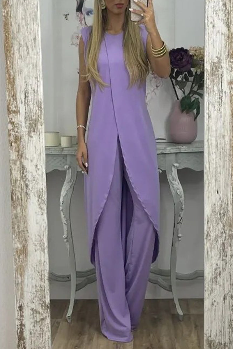 Casual Solid Asymmetrical O Neck Sleeveless Two Pieces(7 Colors) Light Purple