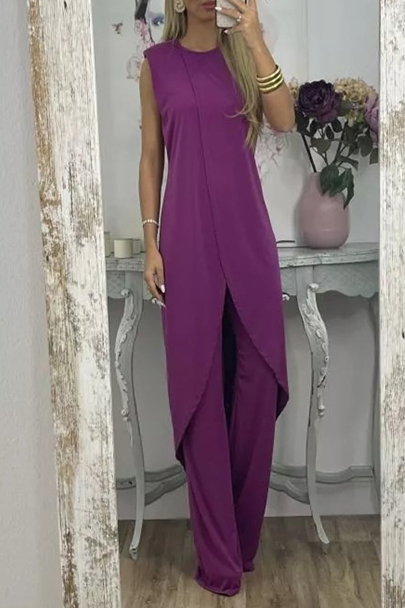 Casual Solid Asymmetrical O Neck Sleeveless Two Pieces(7 Colors) Purple