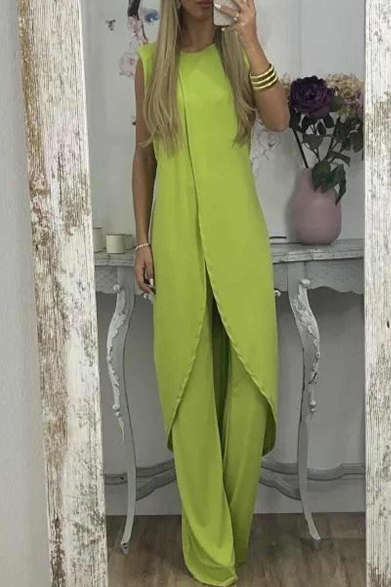 Casual Solid Asymmetrical O Neck Sleeveless Two Pieces(7 Colors) Light Green